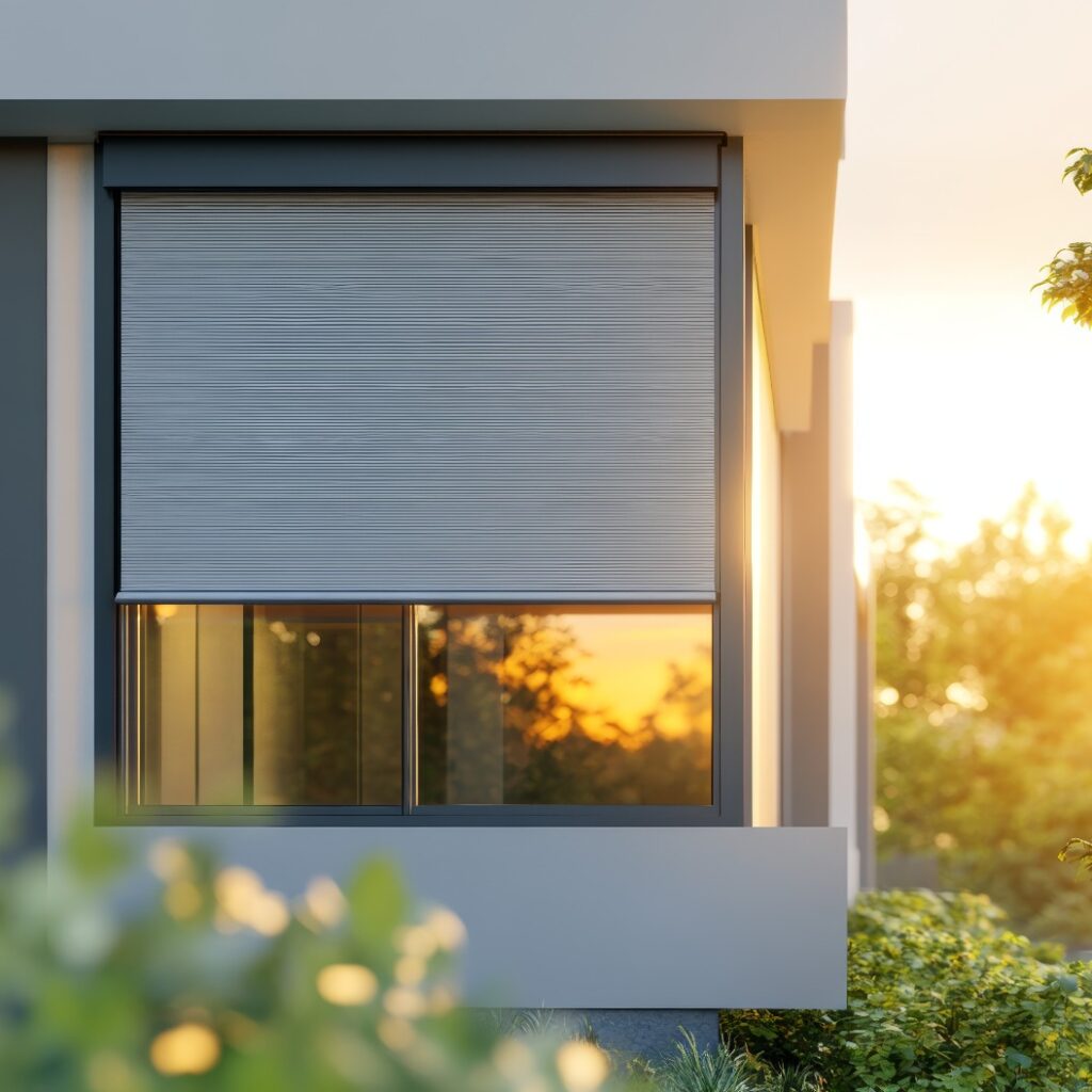 Bilddarstellung von Rollos, die an einem Panoramafenster eines modernen Hauses angebracht sind. Die Außenrollläden bieten Sonnenschutz und Privatsphäre für den Außenbereich des Hauses.