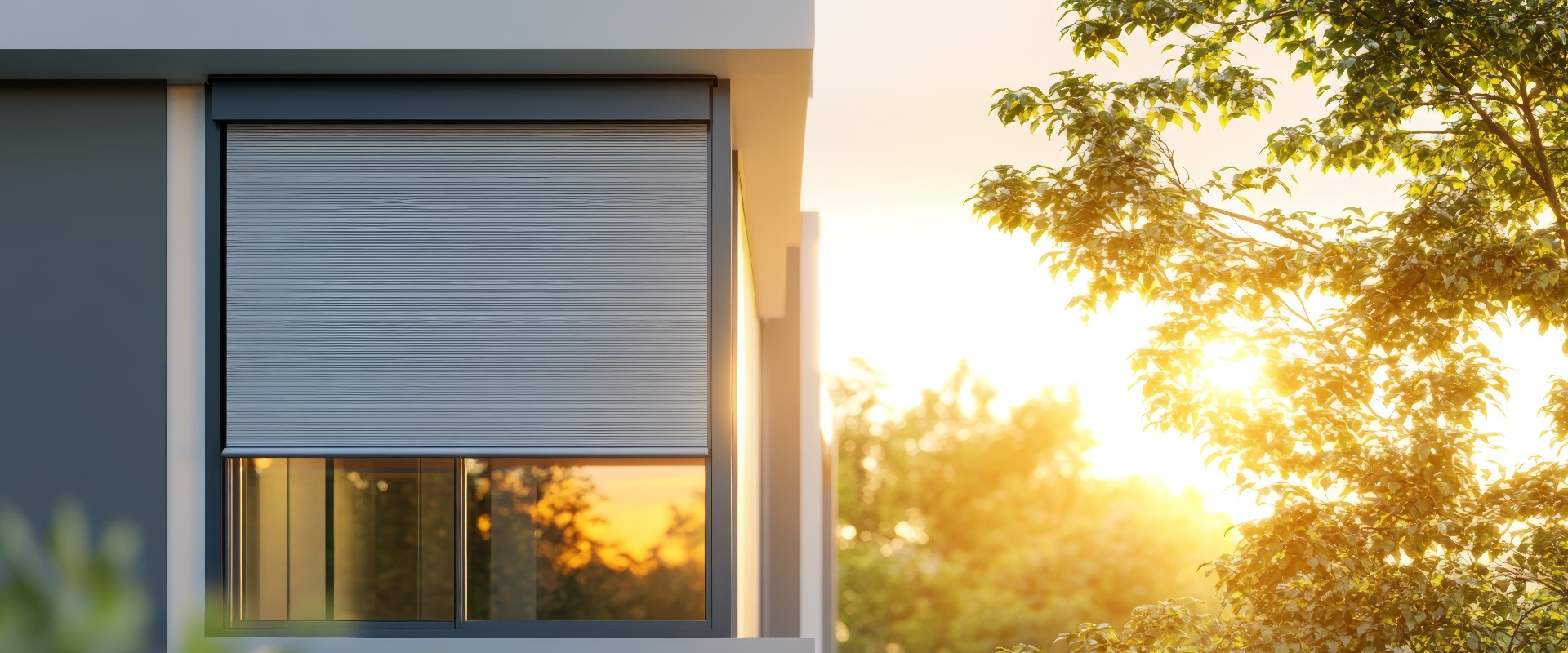 Bilddarstellung von Rollos, die an einem Panoramafenster eines modernen Hauses angebracht sind. Die Außenrollläden bieten Sonnenschutz und Privatsphäre für den Außenbereich des Hauses.