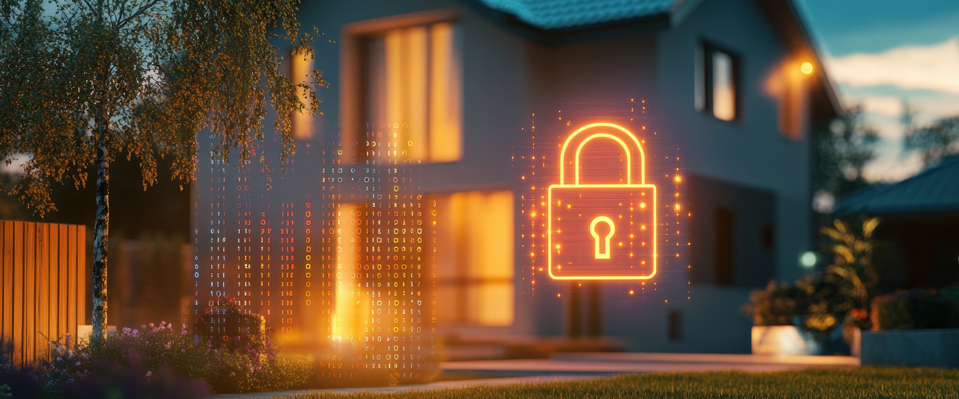Das moderne Smart Home wird nachts durch ein Sicherheitssystem mit einem digitalen Vorhängeschloss-Symbol und einem Binärcode geschützt.