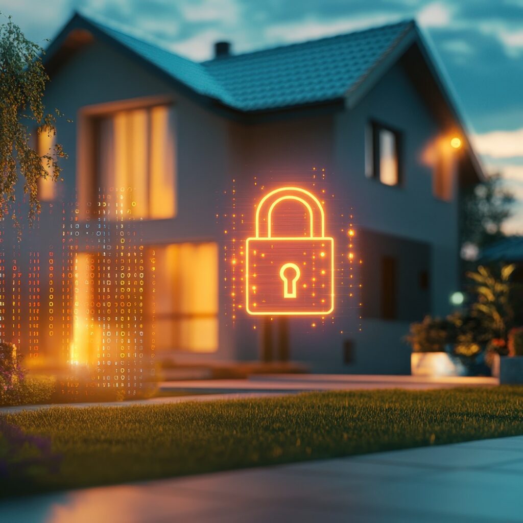 Das moderne Smart Home wird nachts durch ein Sicherheitssystem mit einem digitalen Vorhängeschloss-Symbol und einem Binärcode geschützt.
