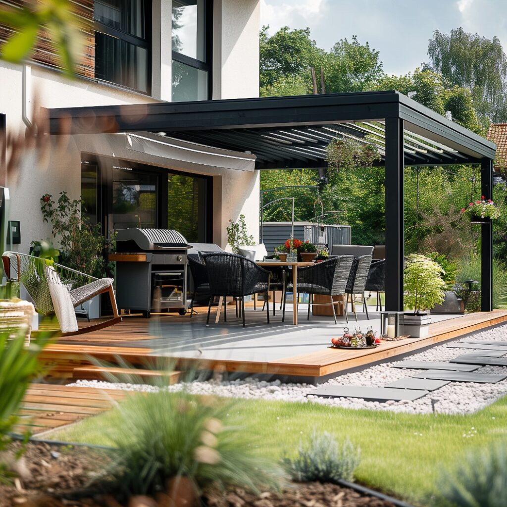 Eine schöne Gartenterrasse an einem Haus mit modernen Gartenmöbeln. BBQ im Garten