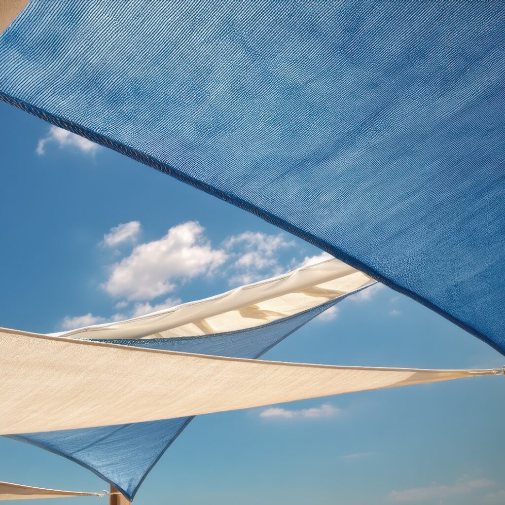 Moderne Terrasse im Sommer mit eleganten Sonnensegeln unter strahlend blauem Himmel